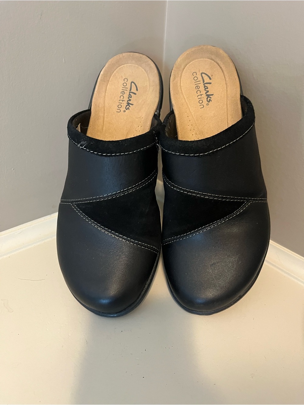 Clarks Black Leather Slip-On Clogs